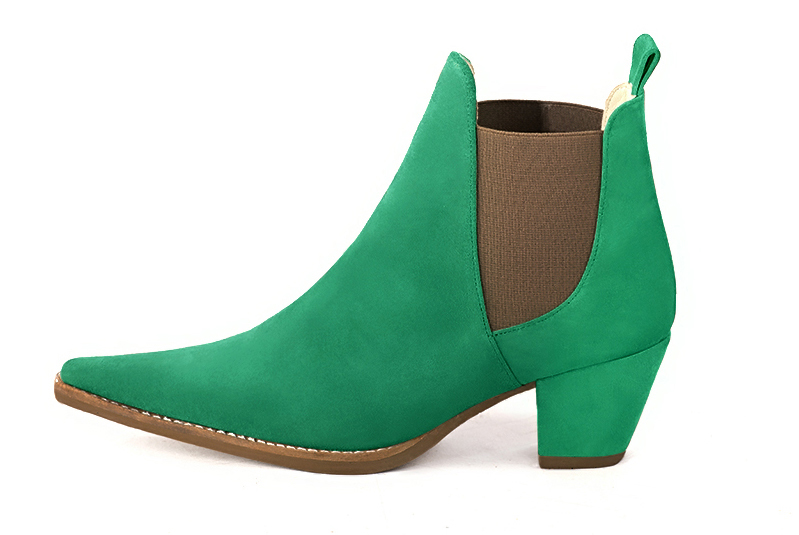 Emerald green and taupe brown women's ankle boots, with elastics. Pointed toe. Medium cone heels. Profile view - Florence KOOIJMAN